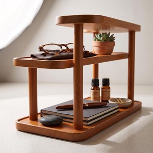 Wooden Double Tier <b>Storage</b> <b>Rack</b> Rectangular Minimalist Design Standing Type for Living Room Sundries Organization - Product Image 4