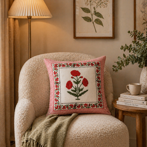 Designer Red Floral Cotton Cushion <b>Cover</b> Handmade Style Decorative Pillow <b>Cover</b> <b>for</b> <b>Sofa</b> and Bedroom - Product Image 3