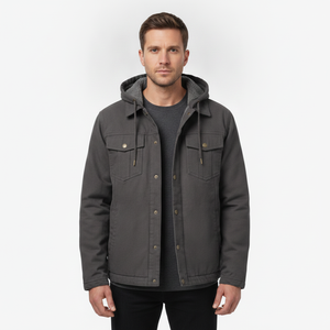 Chaqueta de lona gris oscuro con capucha para hombre, con forro de sherpa y cierre de botones, estilo casual para otoño. - Product Image 2