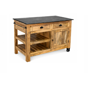 Solid Mango Wood Kitchen Island Cart with Granite Top Storage Cabinet <b>Drawers</b> and Industrial Wheels - Product Image 1