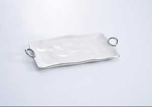 Plateau de service rectangulaire en porcelaine au design haut de gamme avec bordure dorée et poignées, design minimaliste pour plats et assiettes - Product Image 2
