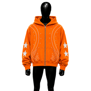 Sweat à capuche zippé oversize orange, moderne, avec motif étoiles et flammes brodés, coupe classique, décontracté, pour l'automne, TENDANCE, doux pour l'hiver - Product Image 1