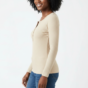 Women's Athleisure Ribbed Long Sleeve Top Snap Button Notch Neck Soft Stretch Fabric Custom <b>Label</b> OEM Wholesale Supplier - Product Image 3