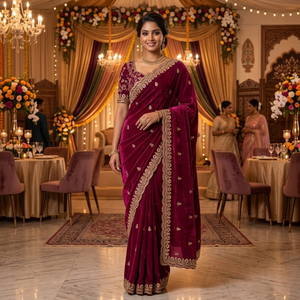 Sari de Seda Satinada Fandy | Trabajo de Bordado con Lentejuelas y Dori Zari | Sari de Diseñador para Bodas y Fiestas | Sari Étnico Tradicional Indio - Product Image 2