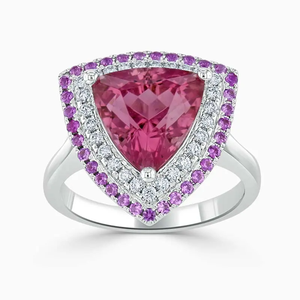 18K White Gold Trillion Cut Pink Tourmaline <b>Ring</b> with Purple Sapphire & Diamond Halo | Luxury <b>Statement</b> <b>Ring</b> - Product Image 1