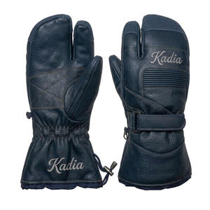 Mitaines à 3 doigts pour homme avec logo personnalisé, bleu marine, en cuir véritable, gants de ski imperméables, mitaines thermiques en cuir de vachette avec broderie - Product Image 3