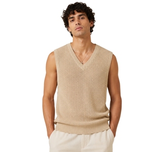 Gilet en tricot beige pour homme, col en V, sans manches, pull léger et doux, décontracté, mode, logo personnalisé, fabricant OEM - Product Image 1