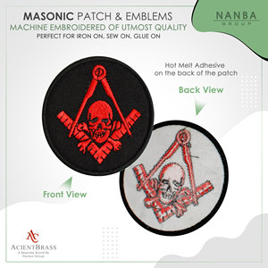 Circular Embroidered Iron-On Masonic Patch with Red Skull and Crossbones Emblem on Black Background for Hats and Apparel - Product Image 2