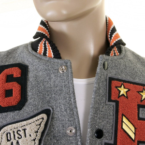 Men's Gray Woolen Varsity <b>Jacket</b> Wool Sleeves <b>Patchwork</b> Design Embroidered Logo Turn-down Collar Winter Windproof Breathable - Product Image 5