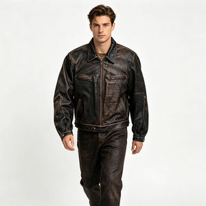 Chaqueta de Motociclista de Cuero Genuino para Hombre, Cuello Camisero, Cierre de Cremallera, Color Sólido, para Otoño - Product Image 1