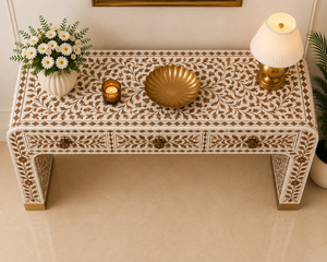 Premium Wood Inlay <b>Console</b> <b>Table</b> with 3 Drawers Floral Entryway <b>Desk</b> Luxury Hallway Accent Furniture For Living Room Decor - Product Image 2
