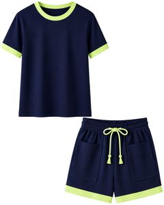 Navy Blue Women Lounge Set Contrast <b>Trim</b> Short Sleeve TShirt And Shorts Casual Two Piece Outfit Soft Breathable Cotton Blend Set - Product Image 1