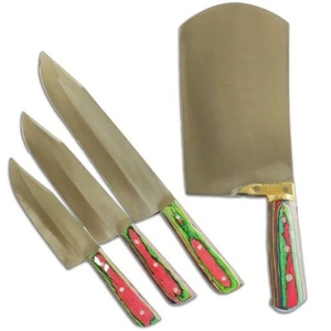 Ensemble de couteaux de boucher Qurbani en acier au carbone, 4 pièces, lames argentées, manches multicolores rouge et vert, kit d'outils de découpe de viande - Product Image 1