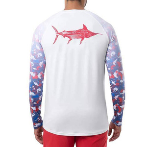 Custom Sublimation Men's White Long Sleeve Fishing Shirt With Blue Red Shark Print UPF 50 Anti-Uv Protection Pullover <b>Top</b> - Product Image 2