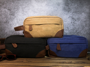 Double Zipper Canvas Leather Dopp Kit Custom Logo <b>Mens</b> Travel Toiletry Bag Waterproof Shaving Organizer <b>Pouch</b> LCTB-0052 - Product Image 4