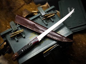 Cuchillo de caza con mango de cuerno de carnero y funda de cuero, hoja de punta caída, acero con alto contenido de carbono, grado industrial, grosor de 0.6 mm - Product Image 5