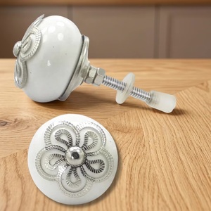 White Porcelain Cabinet <b>Knob</b> <b>Silver</b> Filigree Flower Design Industrial Kitchen <b>Drawer</b> Handle Eco-Friendly Adjustable Easy - Product Image 1