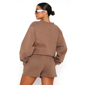 Ensemble sweat-shirt à col ras du cou pour femmes, couleur unie, avec short à cordon de serrage, manches longues, coupe ample, Style décontracté, vêtements d'été - Product Image 6