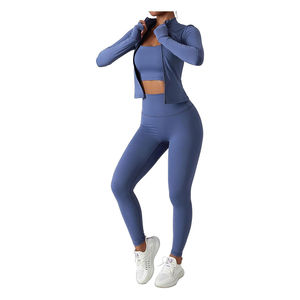Ensemble de vêtements de sport pour femmes en 3 pièces, à carreaux, sans couture, respirant, avec veste, soutien-gorge de sport, leggings, décoration en diamant, prix bas, OEM - Product Image 6