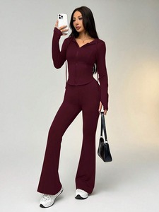 women <b>tracksuit</b> fitted cotton polyester zipper jacket jogger pants breathable stretch gym wear sportswear set - Product Image 2