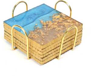 Posavasos Cuadrados Modernos de Resina con Arte en Resina Azul y Diseño de Hoja de Oro, Hechos a Mano, 350 mm de Diámetro, Antideslizantes, para Decoración de Mesa - Product Image 2