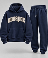 Ensemble de survêtement bleu imprimé pour homme, sweat à capuche et pantalon de jogging oversize, streetwear, logo brodé personnalisé, coton épais respirant, deux pièces
