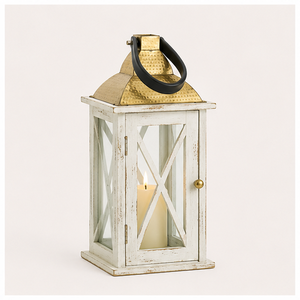 Farol Decorativo Rústico de Madera Blanca al por Mayor con Parte Superior de Metal Martillado, Portavelas de Vidrio Estilo Rústico para Decoración de Jardín - Product Image 6