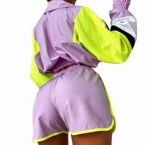 Women's Purple Neon Yellow Color Block Half-Zip Crop <b>Jacket</b> With Shorts Set Lightweight Loose Fit All Seasons Sportswear - Product Image 2
