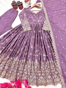New Designer Women's Solid Heavy Chinon Silk Gown Pant & Dupatta Set with Embroidery 5mm Sequence Work Sleeve Mirror Work - Product Image 4