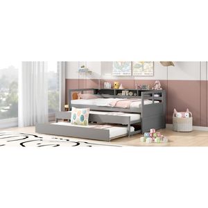 Cama Infantil Gris con Diseño Moderno, Tamaño Twin XL, de Madera, con 2 Camas Nido, 3 Espacios de Almacenamiento, 1 Luz y Carga USB Gratuita - Product Image 5