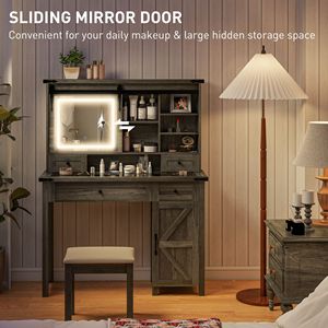 Rosewood <b>Makeup</b> <b>Vanity</b> Desk Set with Mirror and Lights Cushioned Stool Storage Drawer Cabinet Shelves for Bedroom Gray - Product Image 5