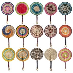 Luxury Handwoven Round Straw Hand Fan Colorful Concentric Ring Pattern Eco Friendly <b>Boho</b> <b>Wall</b> <b>Hanging</b> Decor Art Set Pack - Product Image 6