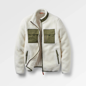 Chaqueta de Forro Polar Crema para Hombre con Bolsillos Verdes, Cuello Alto, Cierre de Cremallera, Ropa Casual de Invierno, Corte Regular, Material de Poliéster - Product Image 1