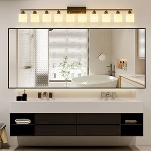 Lampada da Bagno Moderna Nera Opaca a 10 Luci, 65,4 Pollici, con Paralumi in Vetro Bianco - Product Image 2