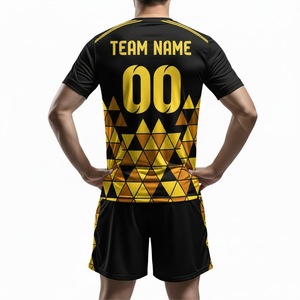 Ensemble de maillots de football personnalisés imprimés par transfert thermique, motif géométrique noir et jaune perlé, col en V, manches courtes, évacuation de l'humidité, 100% - Product Image 5