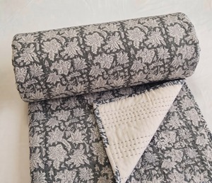 TheFabira Hand Block Print Cotton Kantha <b>Quilt</b> Indian Handmade Reversible <b>Bedspread</b> Floral Design Eco-Friendly Modern Style - Product Image 3
