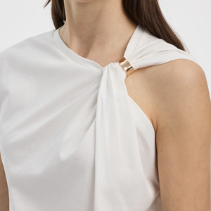 Haut blanc sans manches à une épaule avec détail anneau doré, coupe classique, tissé, couleur unie, décontracté, pour femme - Product Image 4
