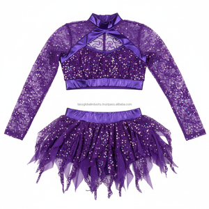 Traje de Baile de Dos Piezas para Mujer, Personalizado, con Lentejuelas Moradas y Malla de Encaje, Estilo Majorette, OEM, Elástico, de Alta Calidad - Product Image 3
