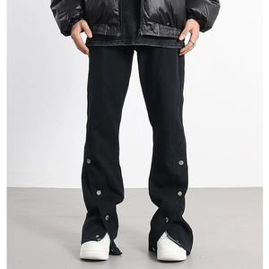 Pantalones Jogger de Algodón Desgastado para Hombre, Estilo Urbano, con Lavado Ácido Personalizado, Botones Laterales, Pierna Ancha Acampanada, Cintura Media, Estilo Holgado - Product Image 1
