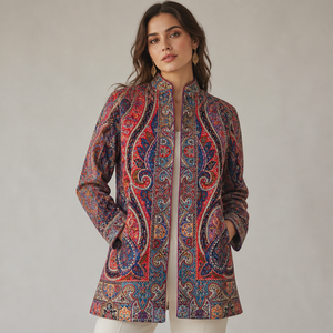 Abrigo Casual Corto con Cuello Mandarín y Estampado Paisley Bohemio, de Manga Larga, para Mujer, Tejido de Poliéster para Invierno - Product Image 4