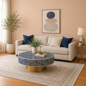 Table d'appoint ronde éco-responsable en os incrusté avec motif floral, faite à la main, pour une décoration intérieure moderne - Product Image 2