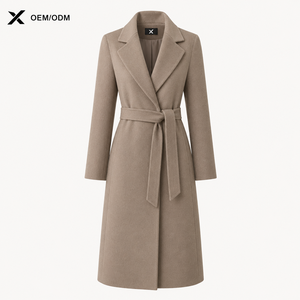 Abrigo Largo de Lana para Mujer, Color Negro, Gris Oscuro y Claro, Caqui, Cuello Vuelto, Cinturón, Ropa Formal de Invierno, Manga Larga, Elegante - Product Image 1