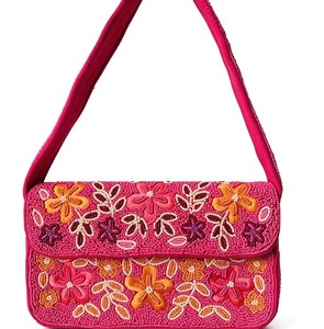 <b>Pink</b> Embroidery Seed Beaded Floral Shoulder Handbag Fashion Evening Clutch Purse Designer Crossbody Tote Wedding Party Bag <b>Gift</b> - Product Image 1