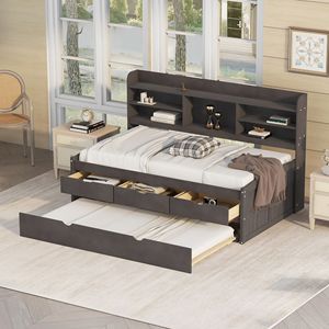 Cama individual de madera estilo capitán en gris antiguo con estanterías integradas y tres cajones de almacenamiento, incluye cama nido. - Product Image 1