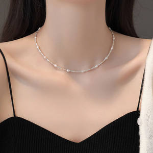 Silver Coin Natural Freshwater Pearl <b>Necklace</b> with Full Sky Star Collar Chain Simple Elegant Birthday Gift <b>for</b> <b>Sisters</b> - Product Image 1
