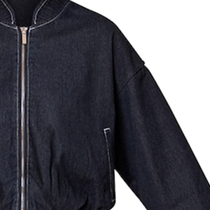 Blouson bomber en jean indigo à ourlet bouffant, coupe courte, surpiqûres contrastantes blanches, fermeture éclair frontale, taille élastique, coupe décontractée, printemps, unisexe - Product Image 2