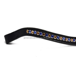 Bandeau de tête de cheval en cuir rembourré sur mesure, forme incurvée, avec une rangée unique de cristaux bleus et dorés décoratifs - Product Image 6