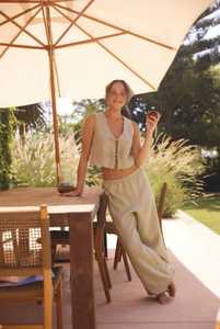 Women <b>Linen</b> Solid Embroidered Co-Ord <b>Set</b> Sleeveless Tie Front Crop Top Wide Leg Pants Summer Resort Wear Breathable Eco-Friendly - Product Image 3