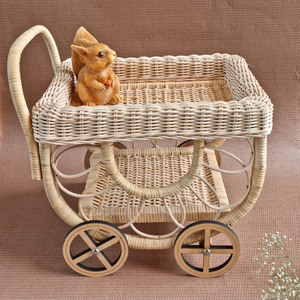 Juguetes para juego de simulación de fiesta del té, carritos de bebidas de ratán hechos a mano, carrito rodante de madera para bebés con almacenamiento - Product Image 6