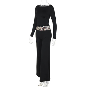 Haut noir à manches longues pour femme avec ceinture léopard, pantalon taille haute à jambes larges, longueur intégrale, respirant, en tricot, spandex, polyester - Product Image 3